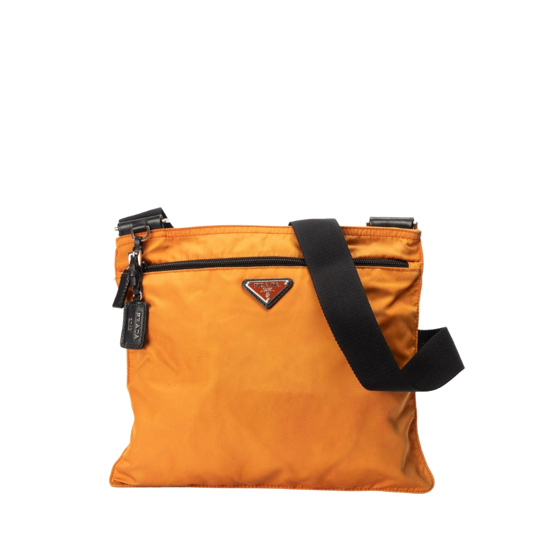 Prada Nylon Orange Thin Pochette Triangle Logo Crossbody Bag