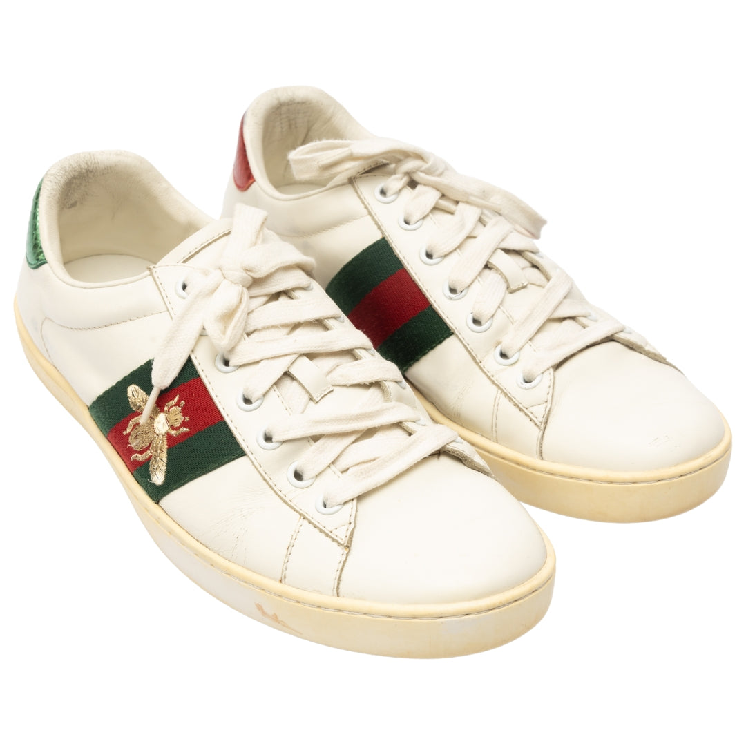 Gucci White Leather and Python Embossed Ace Bee Embroidered Sneakers