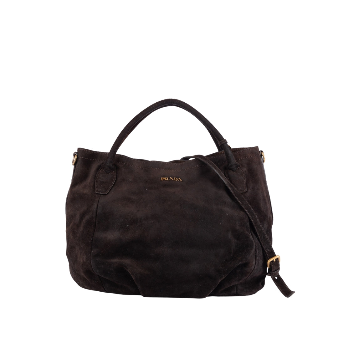 Prada Brown Suede Scamosciato Logo Tote Bag