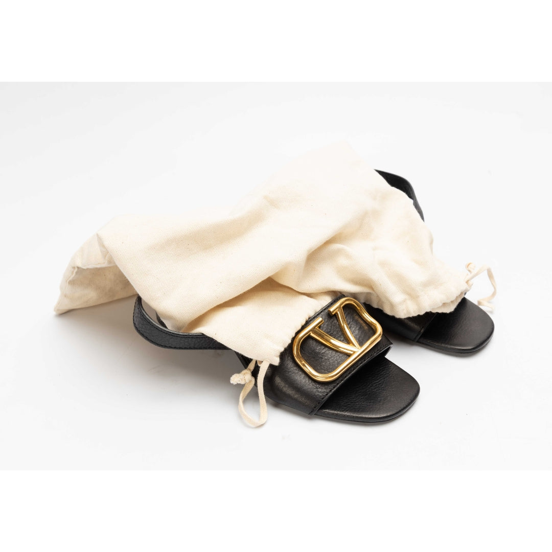 Valentino Black Leather Vlogo Block Heel Sandals