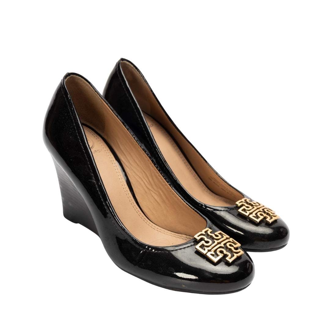 Tory Burch Black Leather Lowell Wedge Pumps