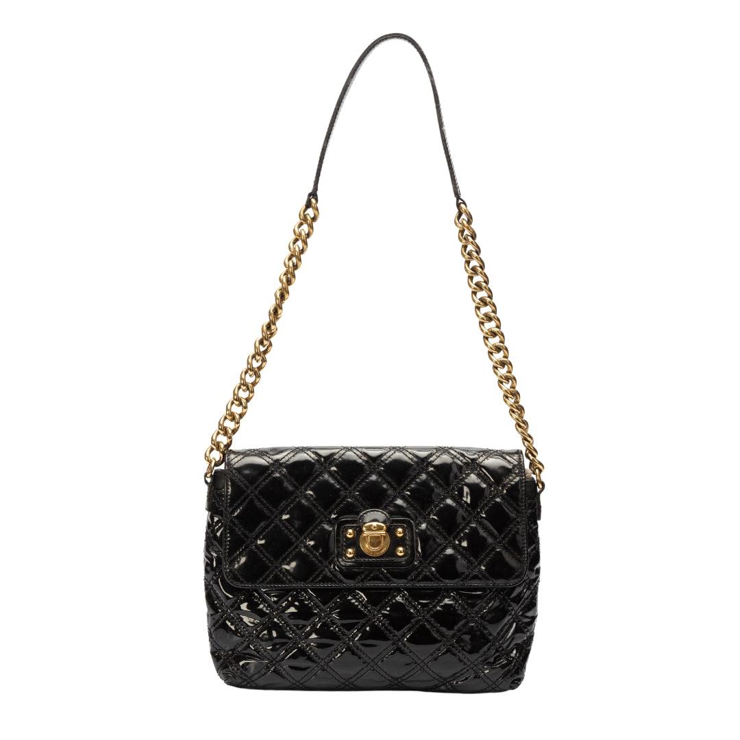 Marc Jacob Black Patent Leather Quilted Flap Shoulder Bag