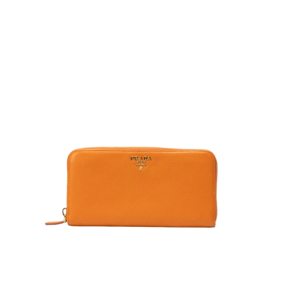 Prada Orange Pebbled Leather Zip Around Wallet