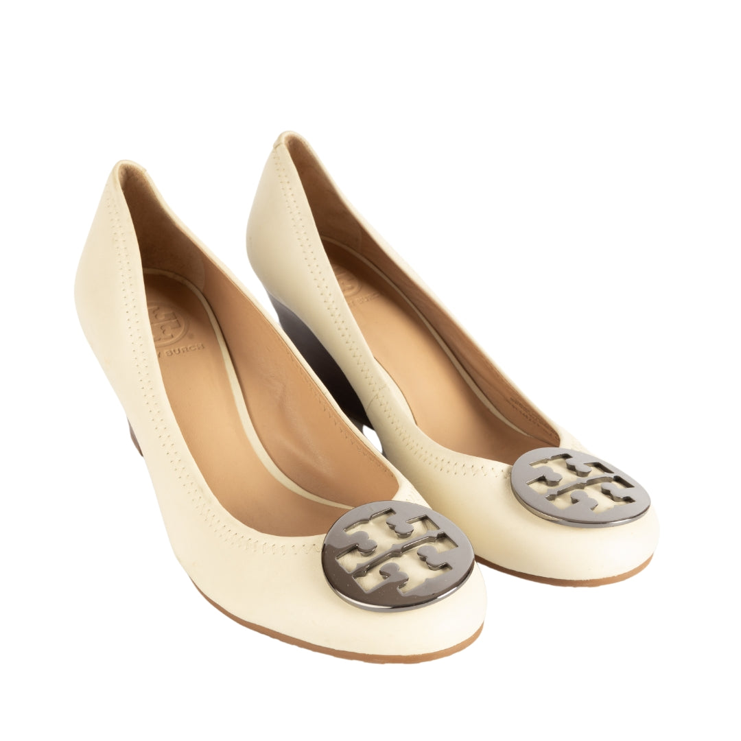 Tory Burch Cream Leather Logo Block Heel Pumps