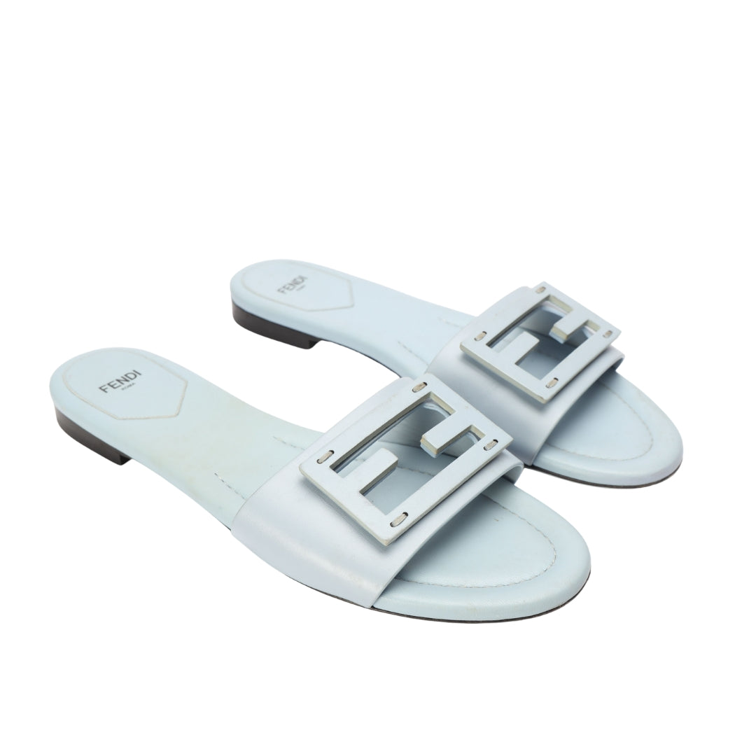 Fendi Baguette Light Blue Leather Slides