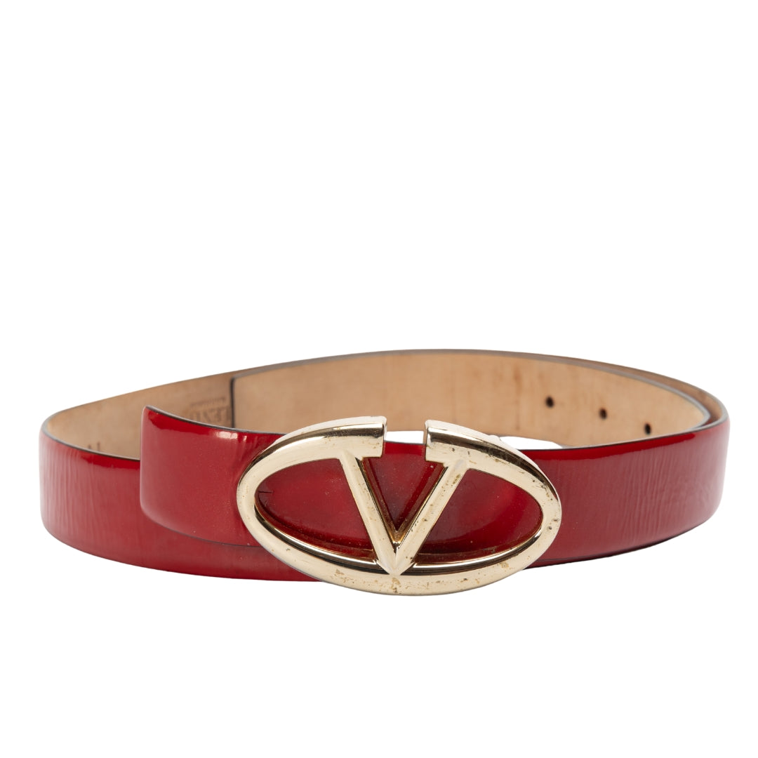 Valentino Red Patent Leather Logo Platino Belt