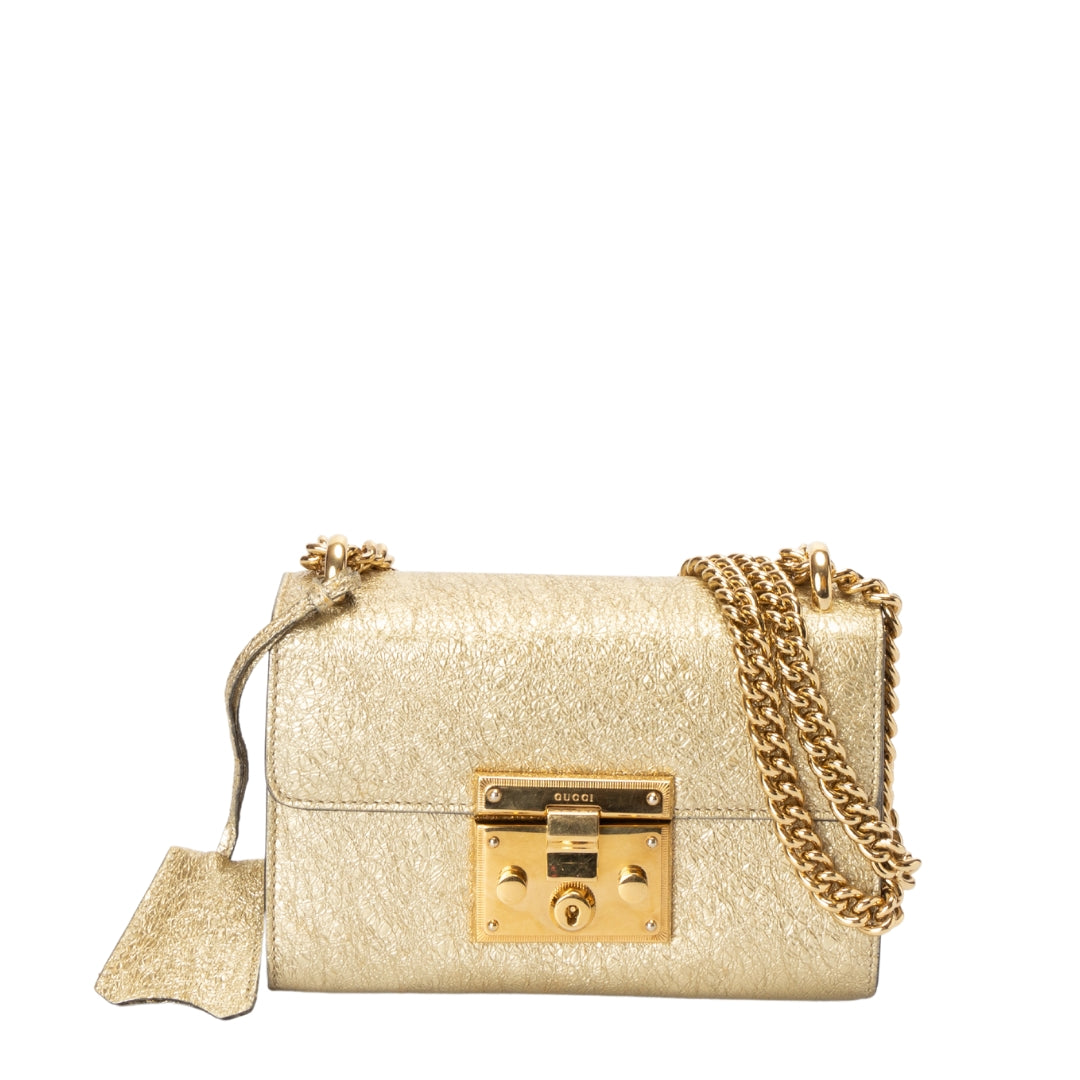 Gucci Gold Metallic Textured Leather Small Padlock Shoulder Bag