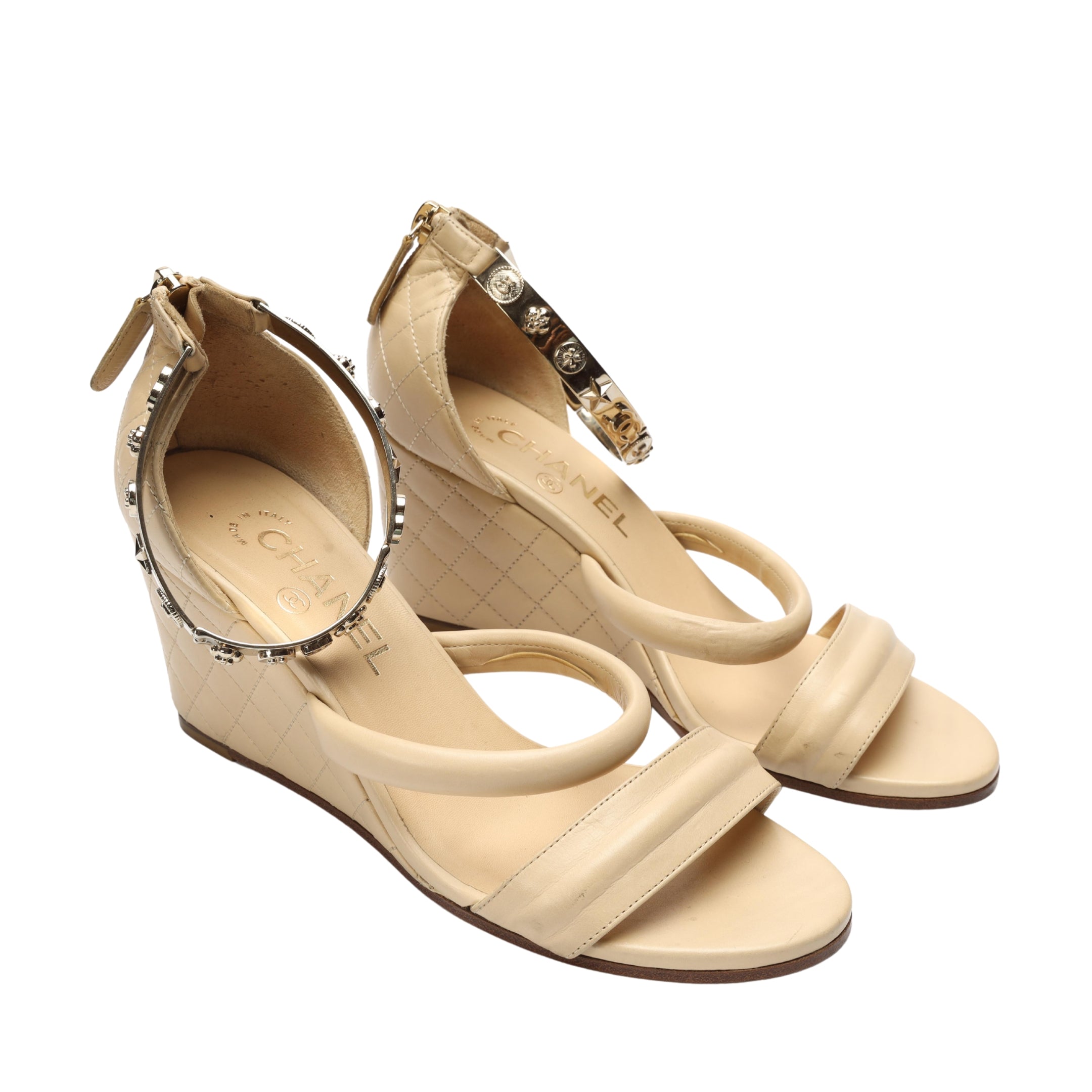 Chanel Beige Quilted Ankle Cuff Wedge Sandals