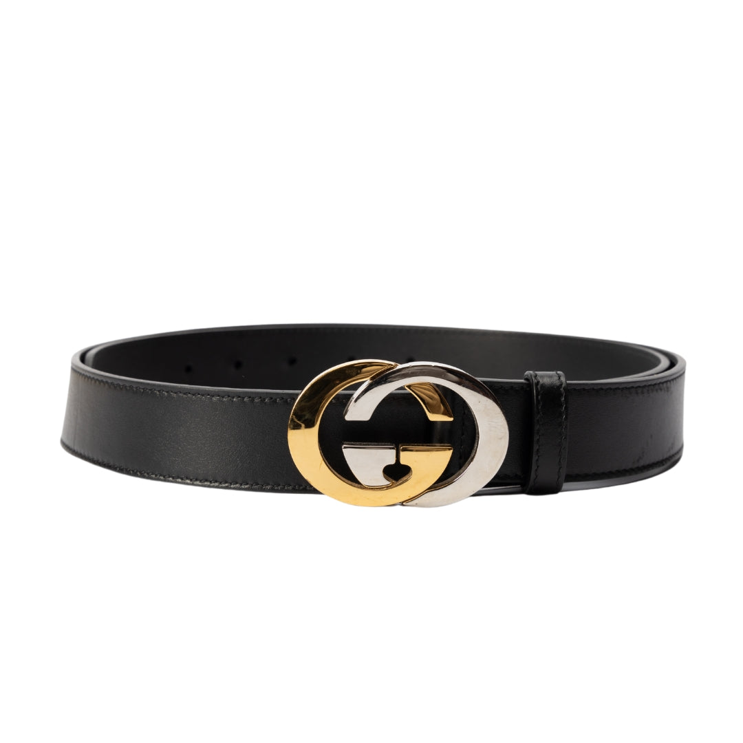 Gucci Black Leather Interlocking G Buckle Belt