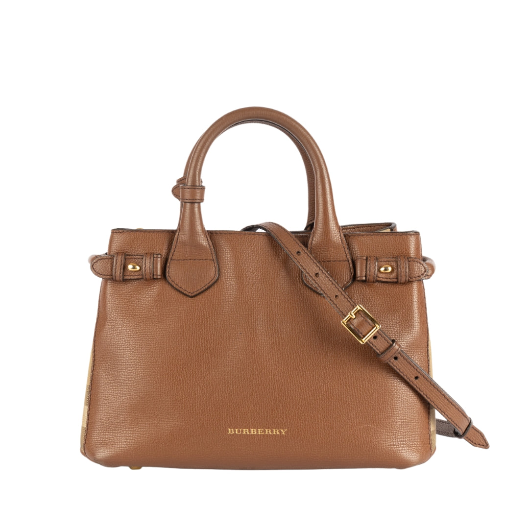 Burberry Brown Leather and House Check Fabric Satchel