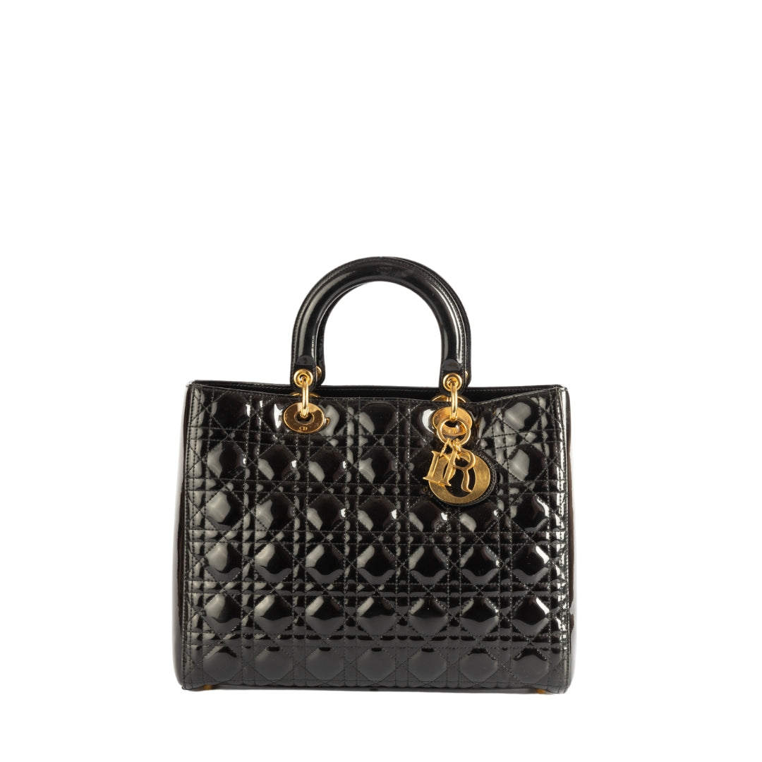 Lady Dior Black Cannage Quilted Patent Leather Bag