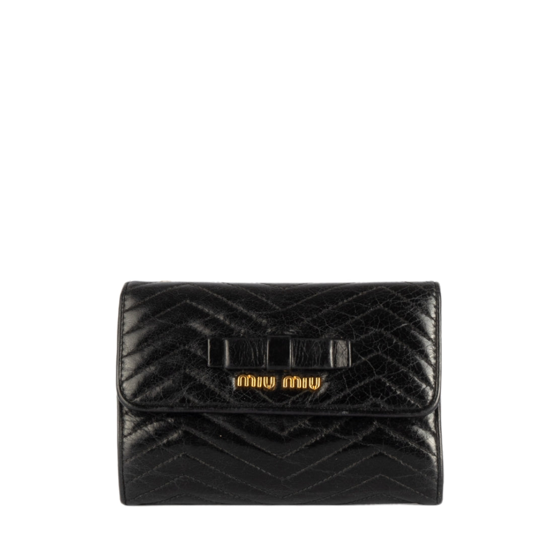 Miu Miu Black Glossy Leather Bow Flap Continental Wallet