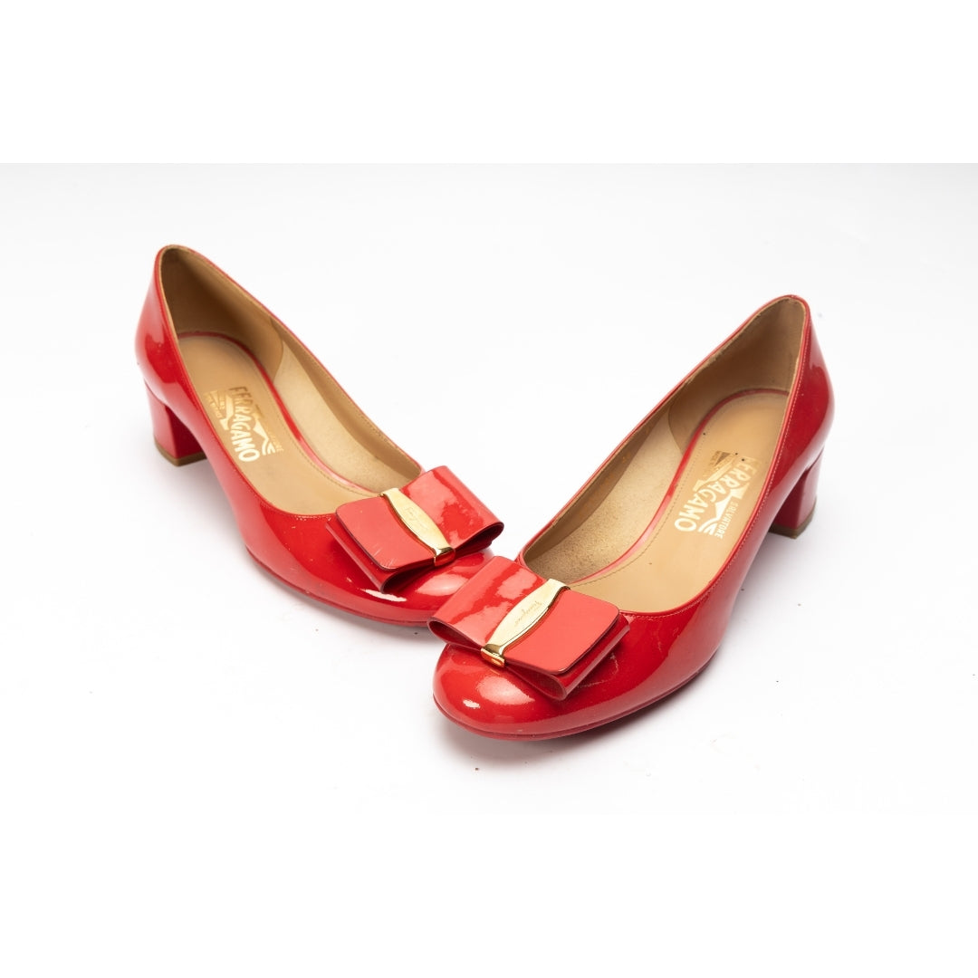 Salvatore Ferragamo Red Patent Leather Vara Bow Pumps
