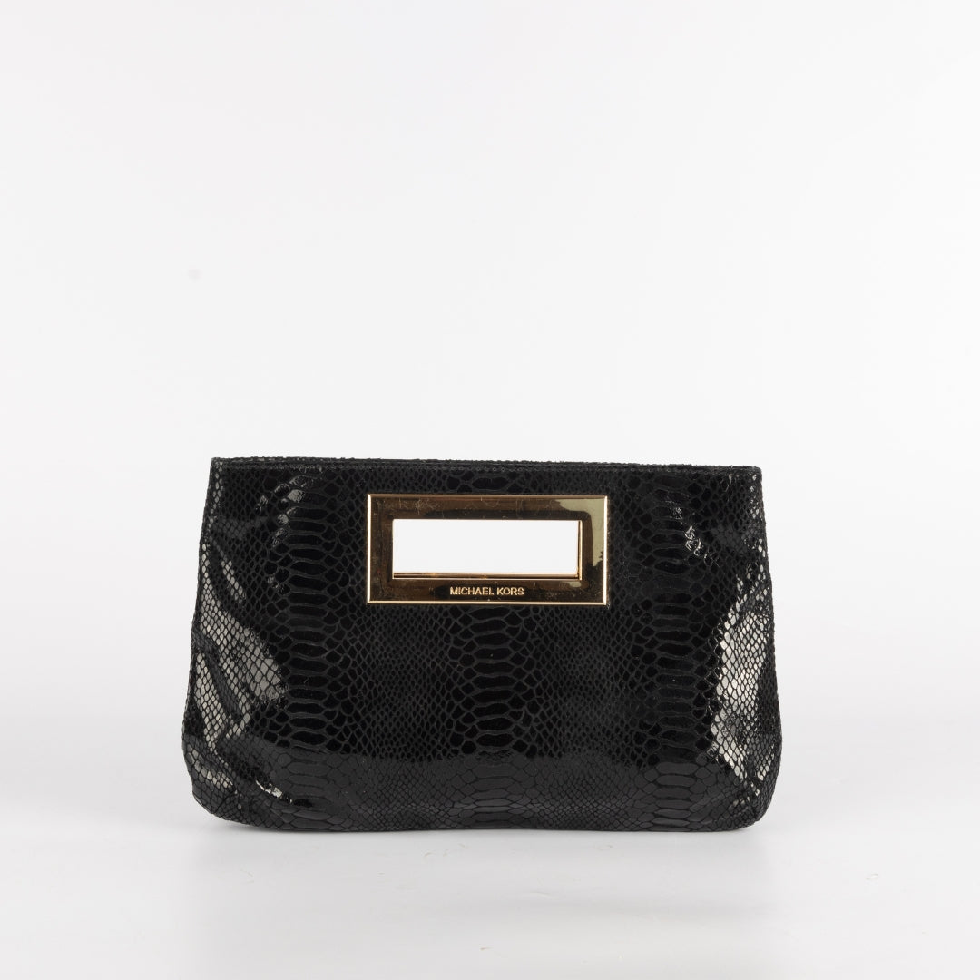 Michael Kors Black Glazed Python Embossed Leather Berkley Clutch