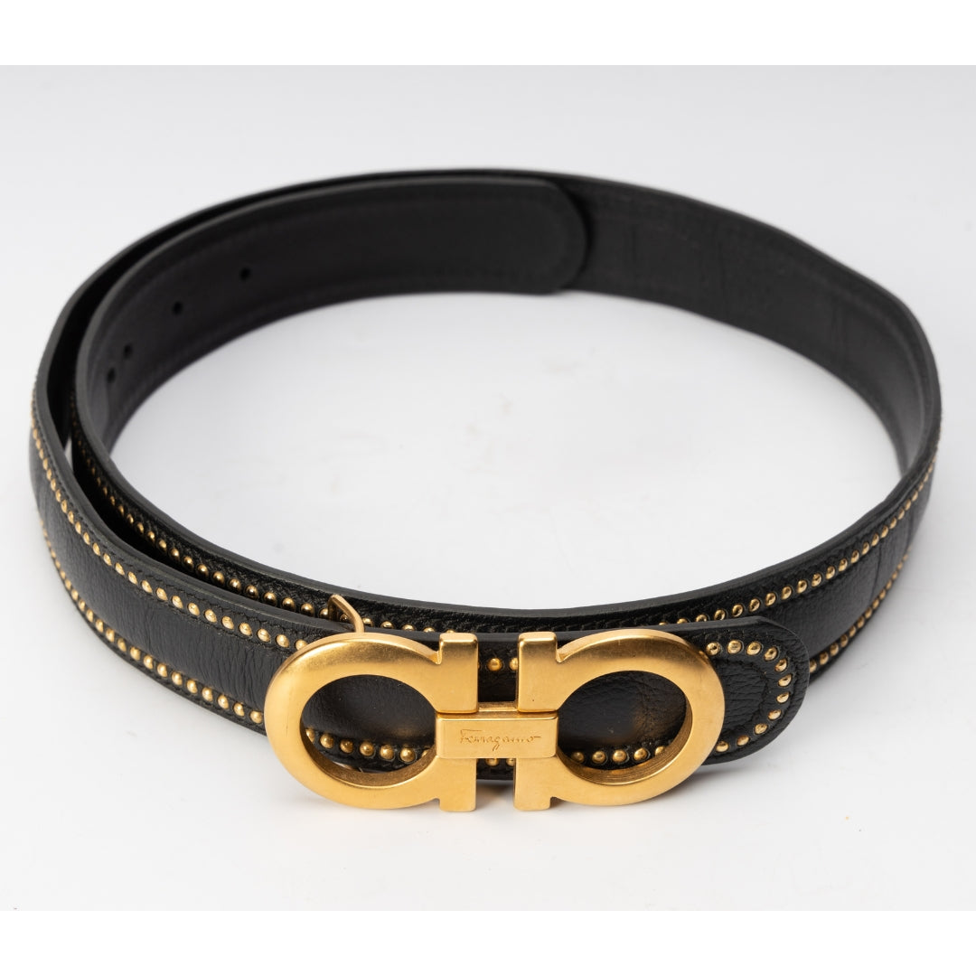 Salvatore Ferragamo Black Leather Studded Belt