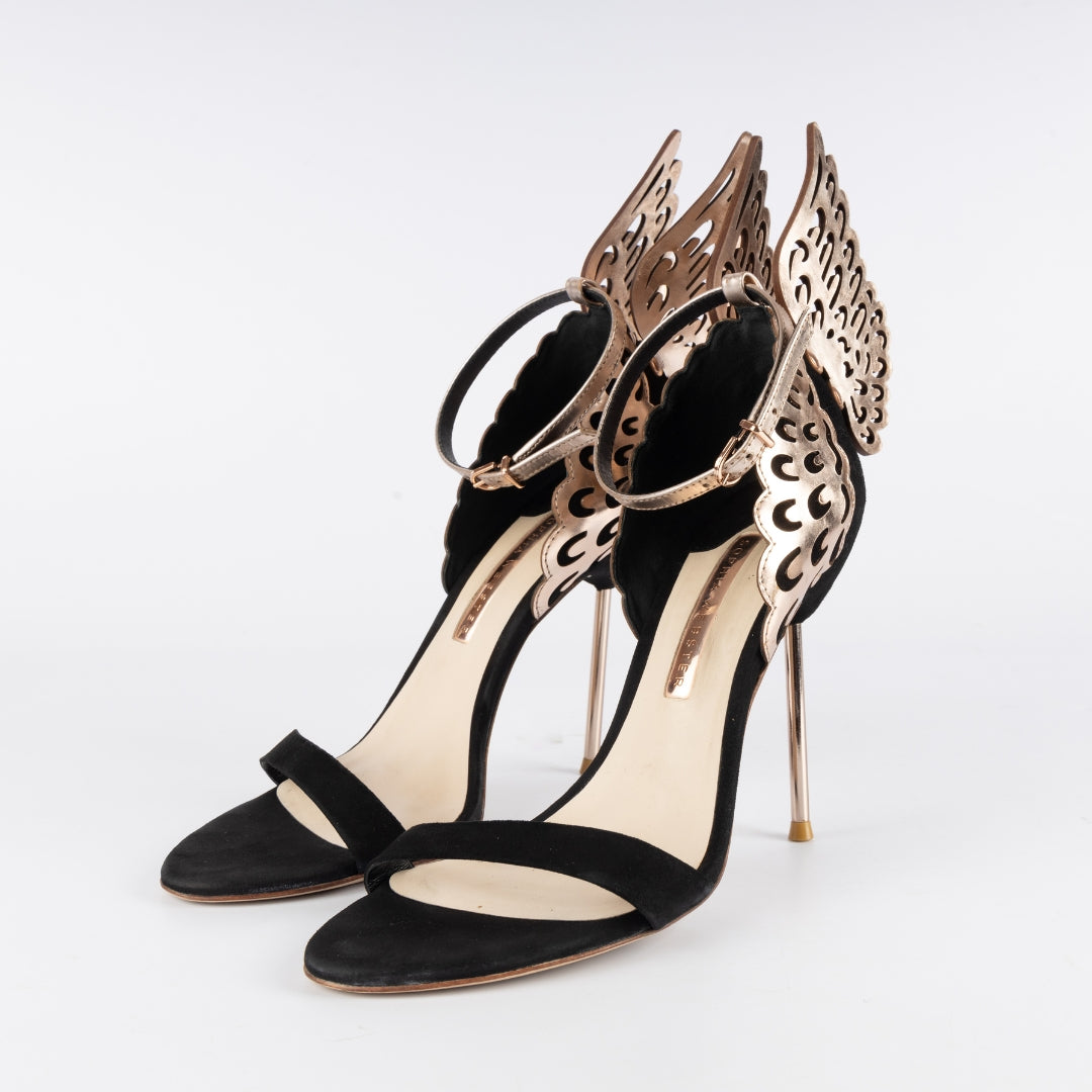 Sophia Webster Black/Rose Gold Suede Evangeline Ankle-Strap Heels