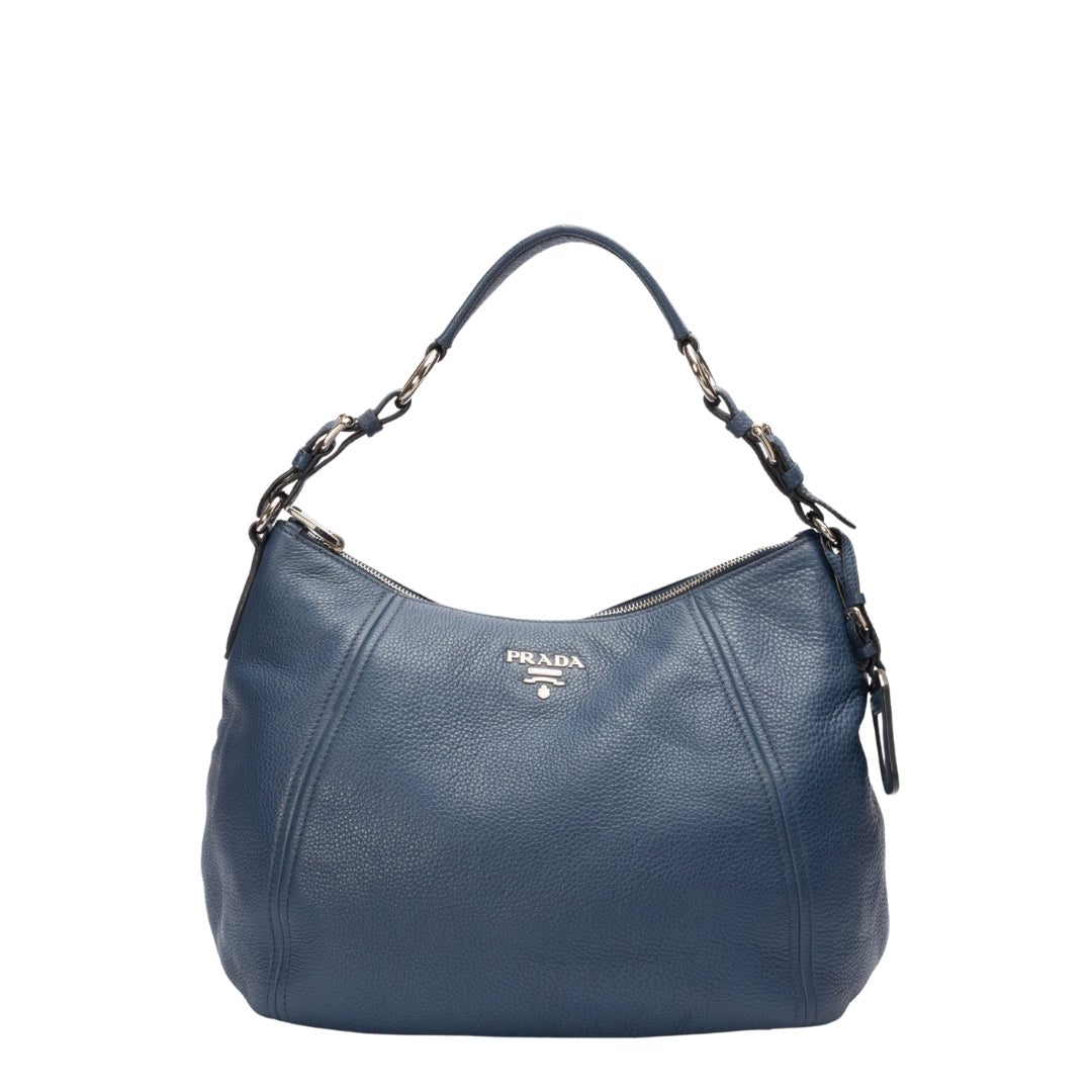 Prada Blue Vitello Daino Hobo Bag
