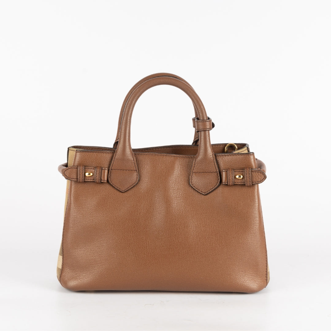 Burberry Brown Leather and House Check Fabric Satchel