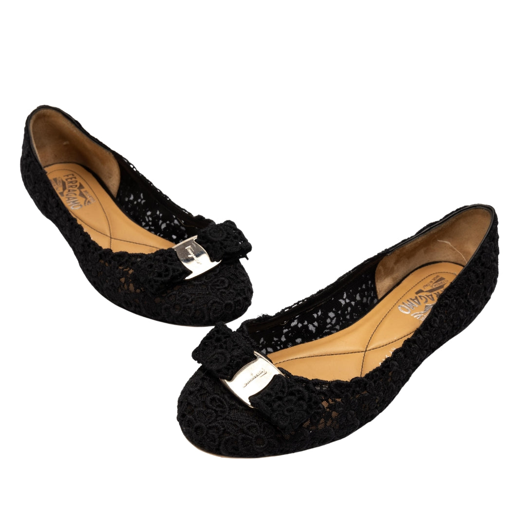Ferragamo Varina Black Floral Woven Balleria Shoes