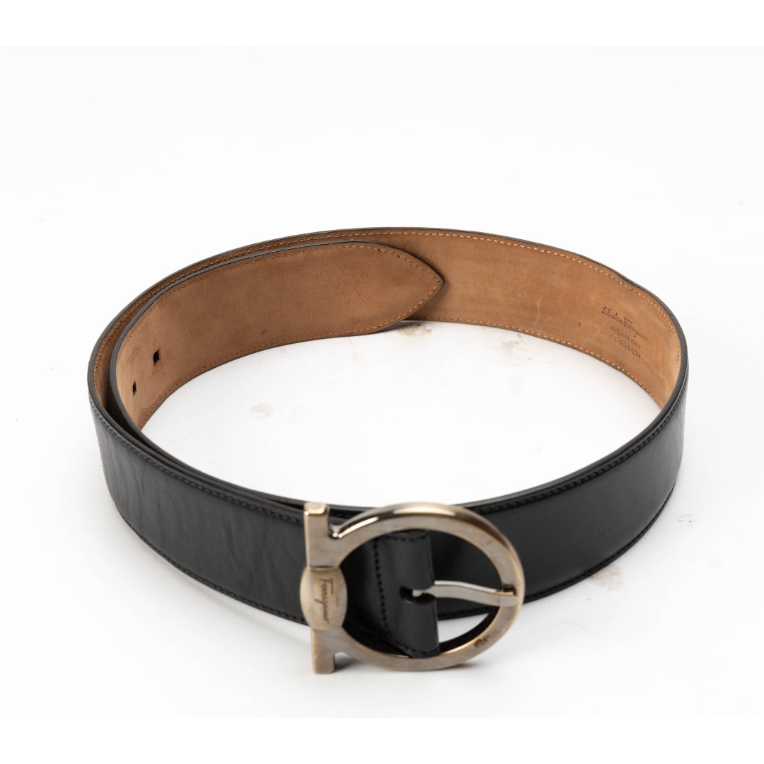 Salvatore Ferragamo Black Leather Gancini Buckle Belt