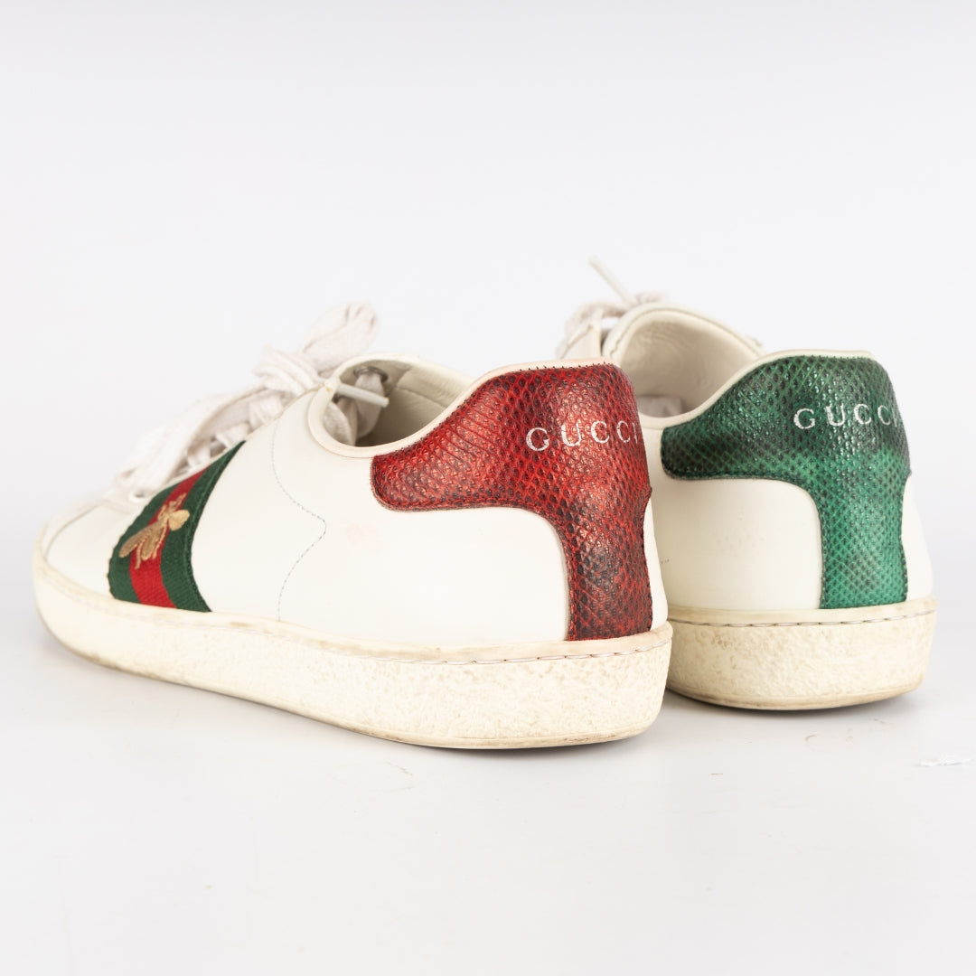 Gucci White Leather and Python Embossed Ace Bee Embroidered Sneakers