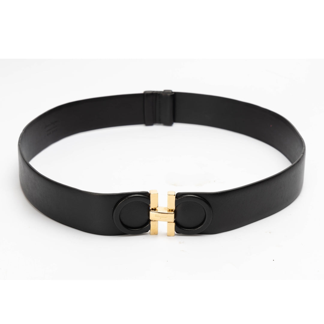 Salvatore Ferragamo Black Leather Gancini Buckle Belt