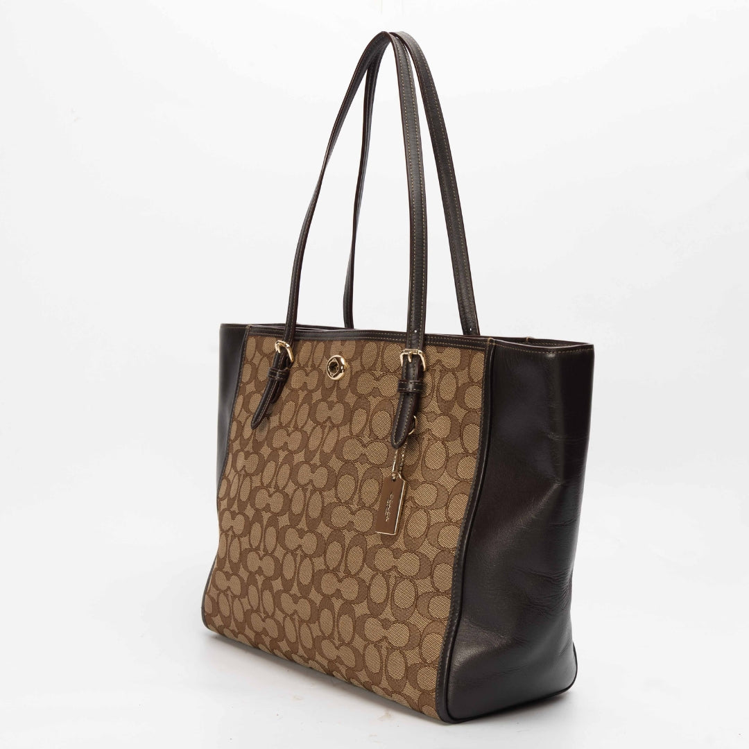 Coach Dual Toned Signature Canvas Leather Shopper Tote