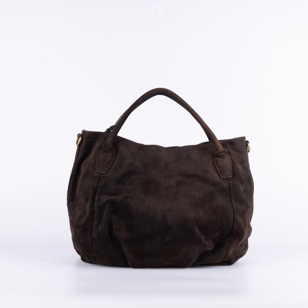 Prada Brown Suede Scamosciato Logo Tote Bag