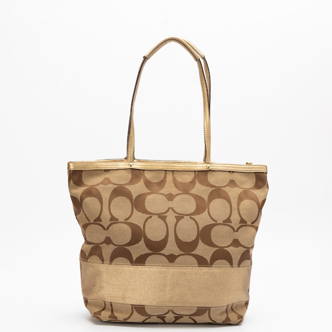 Coach Brown Signature Gold Stripe Tote