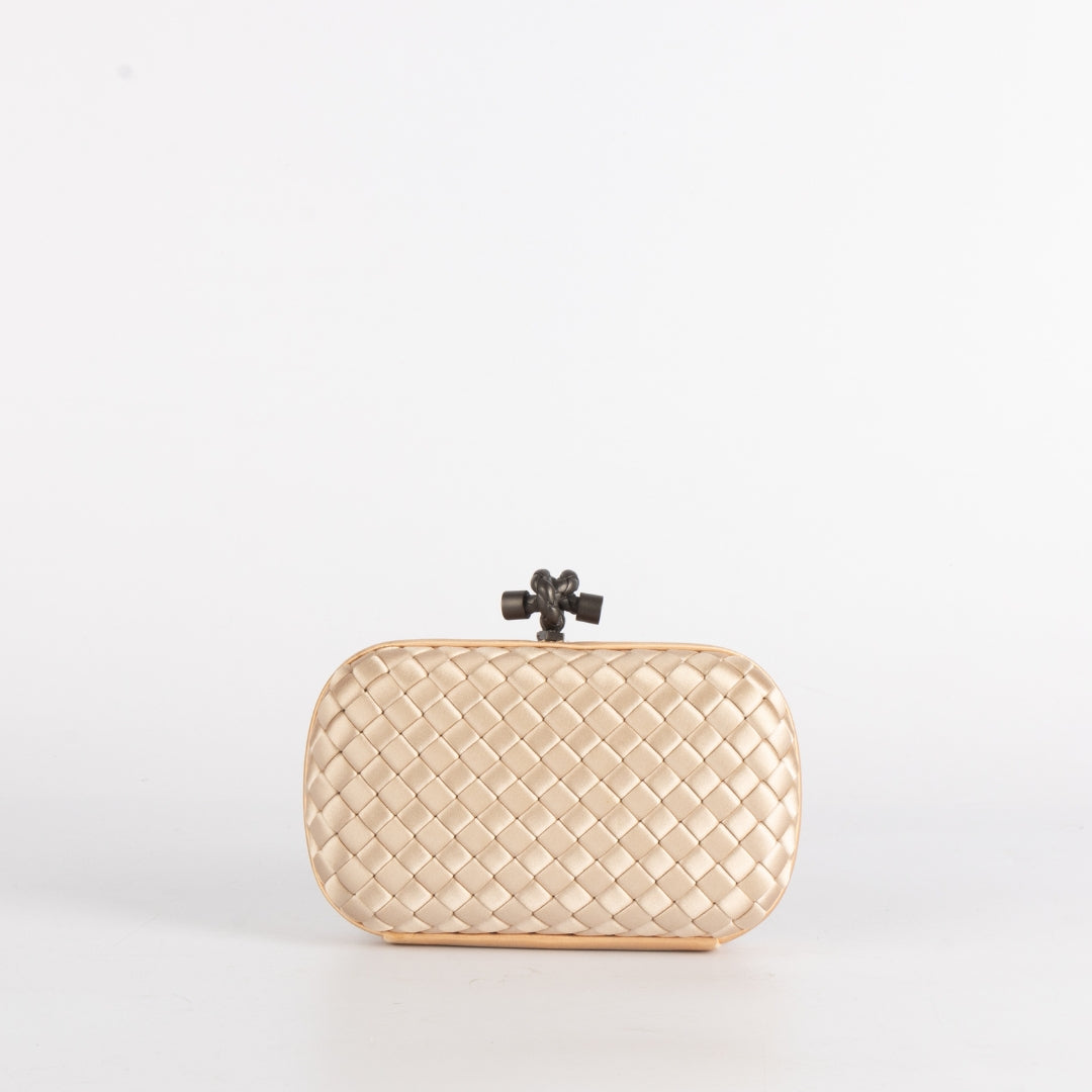 Bottega Veneta Cream Intrecciato Satin Knot Clutch