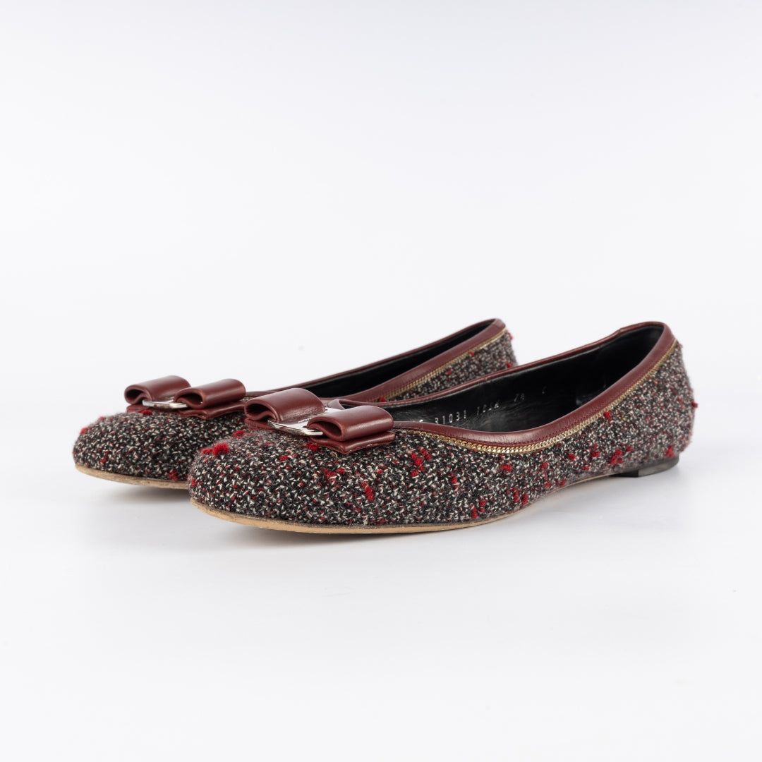 Salvatore Ferragamo Vara Bow Accent Tweed Flats