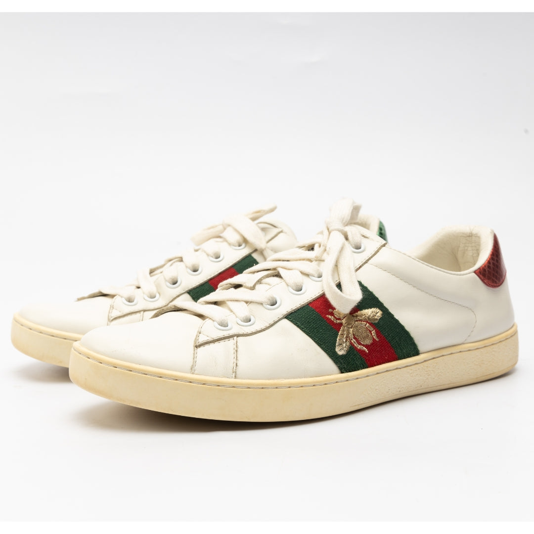 Gucci White Leather and Python Embossed Ace Bee Embroidered Sneakers