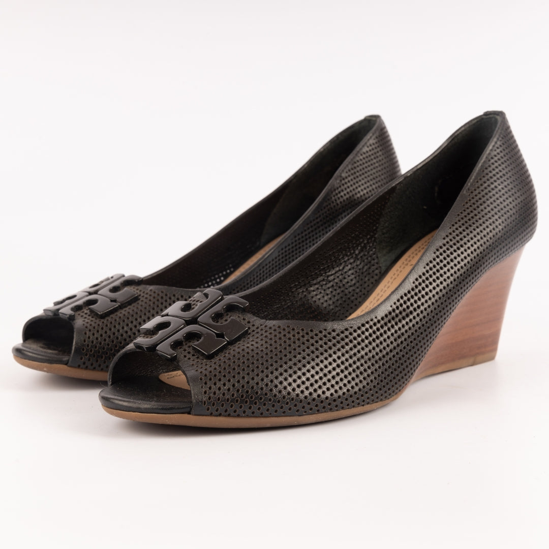 Tory Burch Black Leather Lowell Wedge Pumps