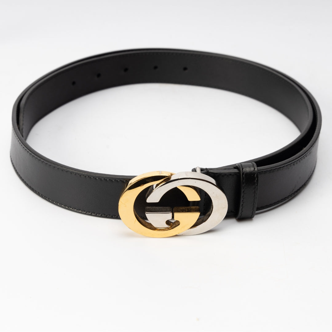 Gucci Black Leather Interlocking G Buckle Belt