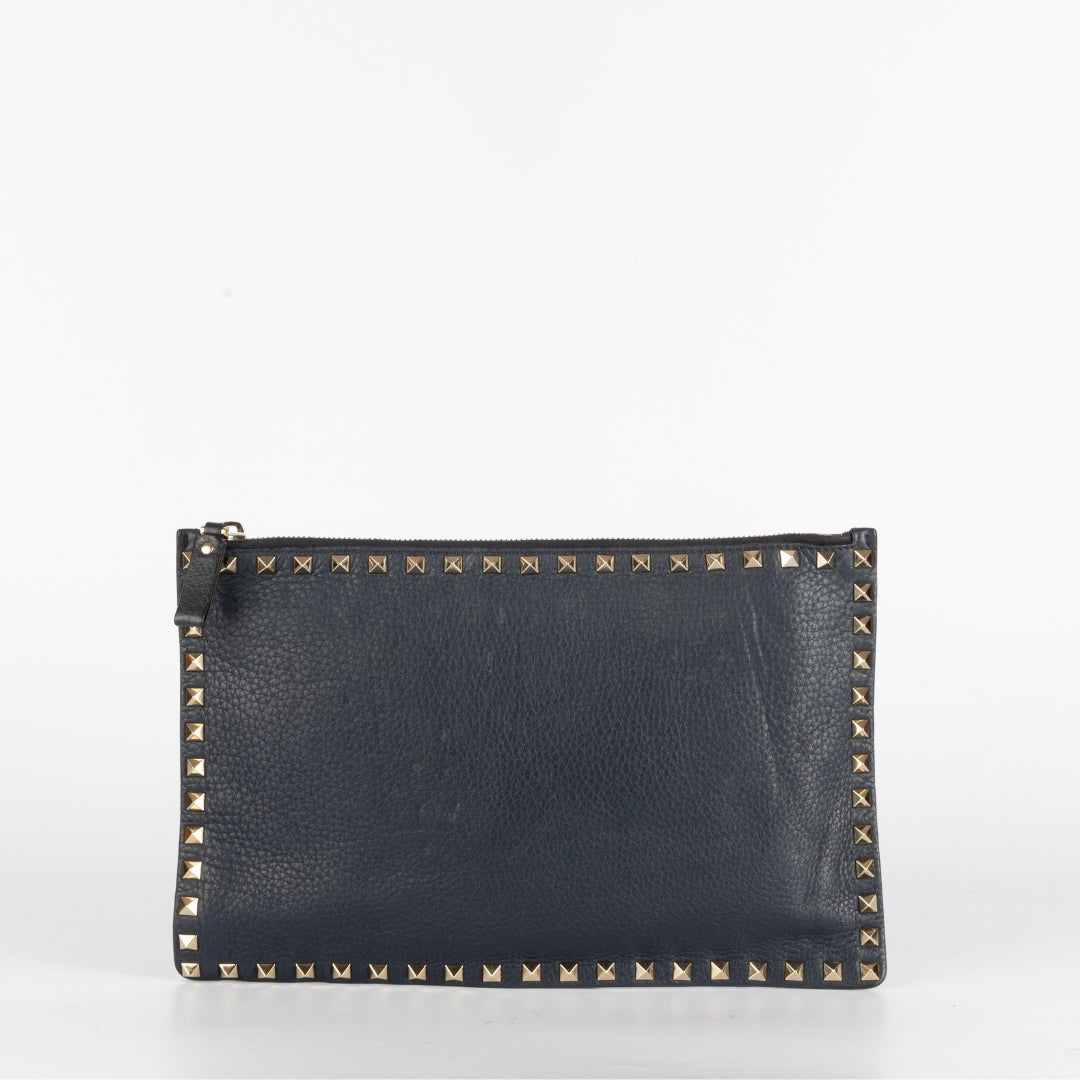 Valentino Navy Leather Rockstud Zip Clutch