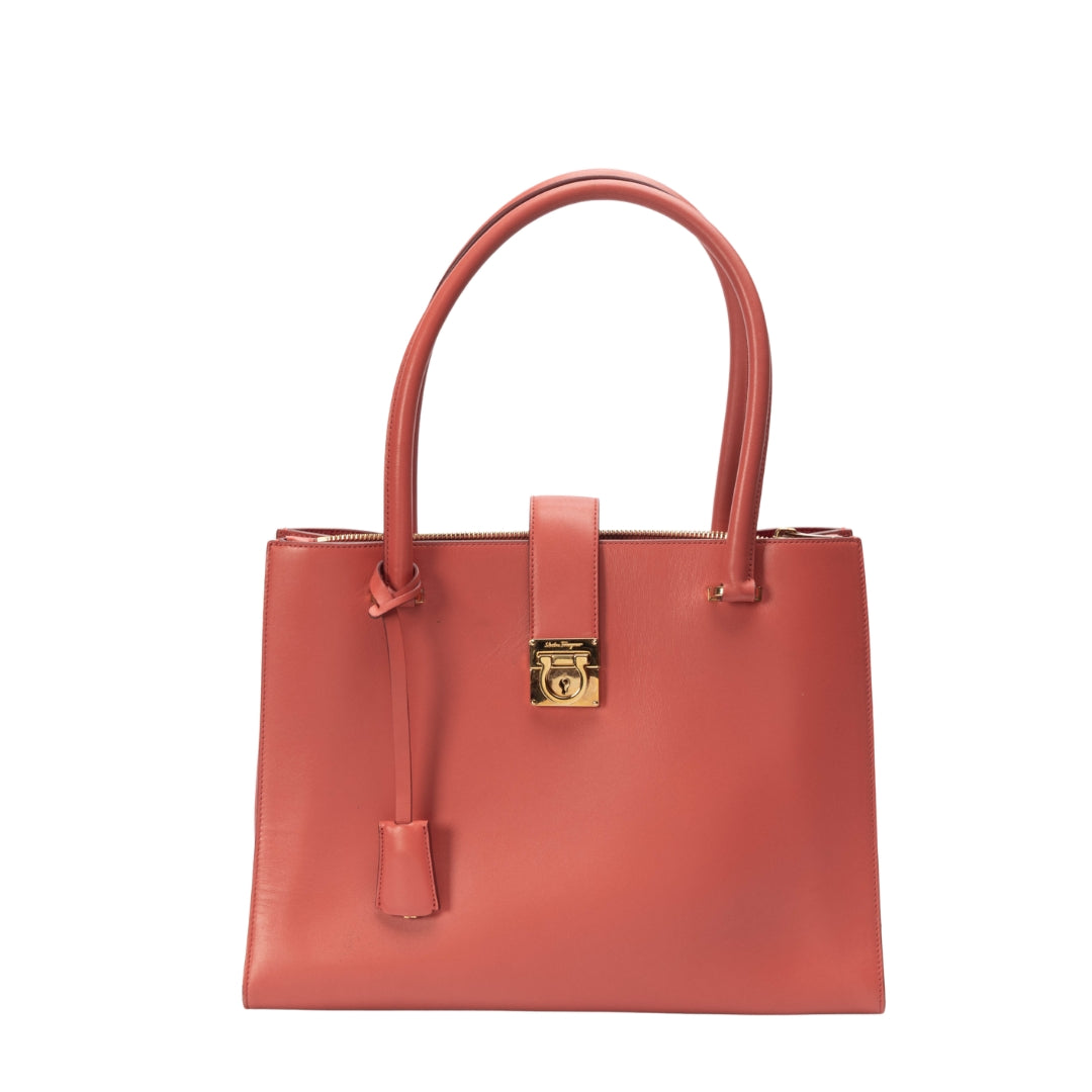 Salvatore Ferragamo Coral Red Gancini Lock Satchel