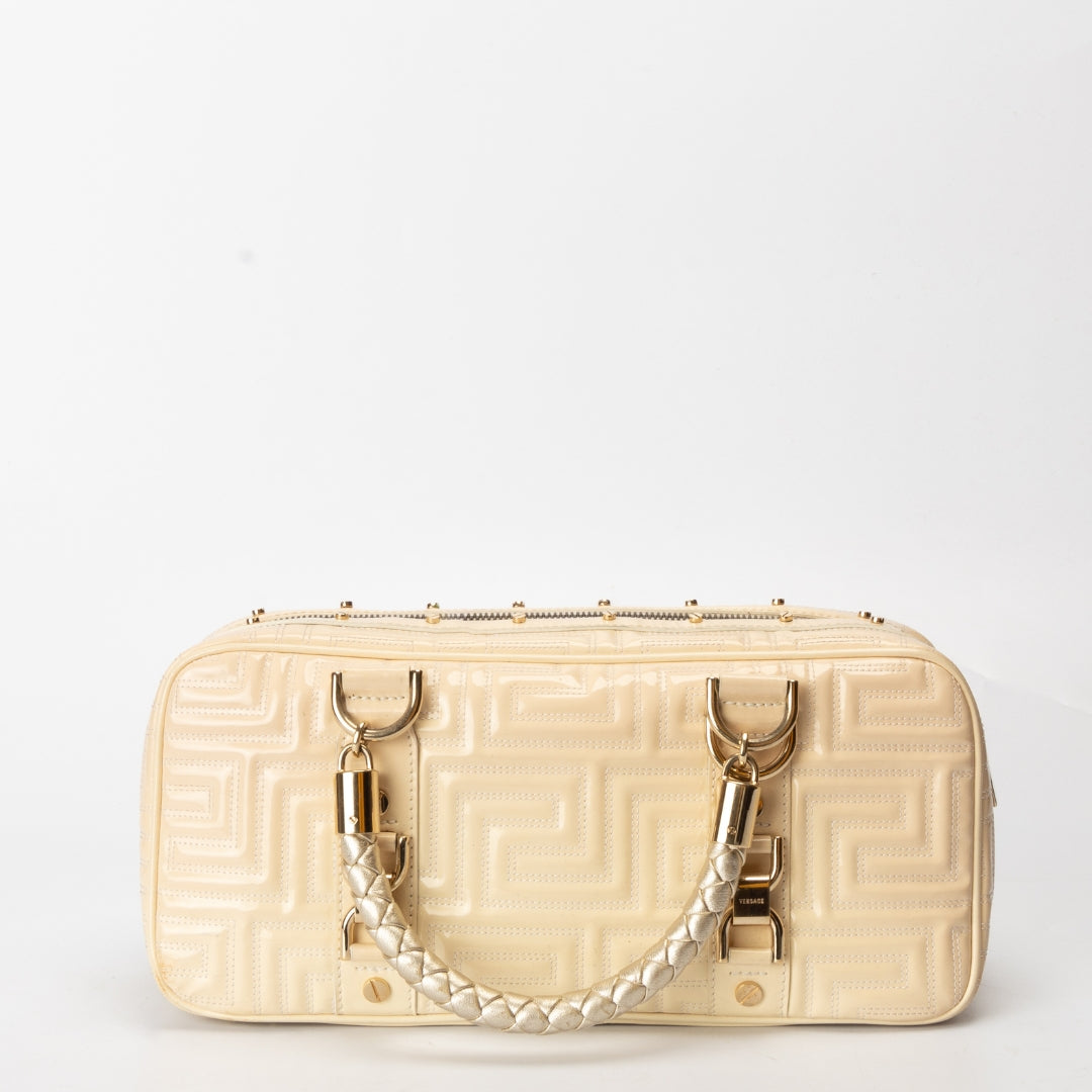 Gianni Versace Cream Quilted Patent Leather Bowler Bag