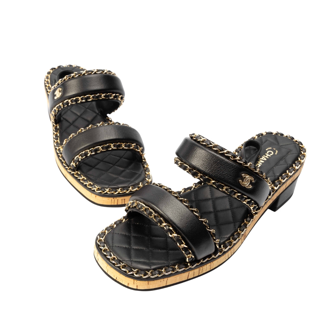 Chanel Black Chain Link CC Cork Sandals