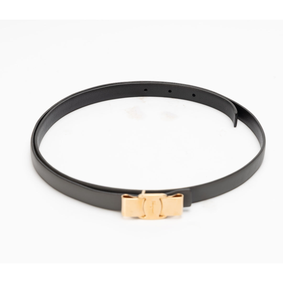 Salvatore Ferragamo Black Leather Vara Bow Slim Belt
