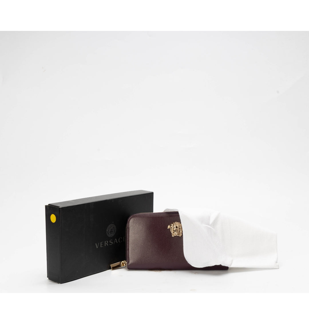 Versace Burgundy La Medusa Zip Around Wallet