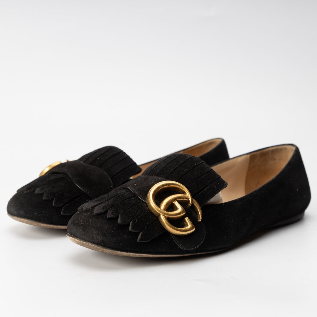 Gucci Black Suede GG Marmont Fringe Detail Ballet Flats