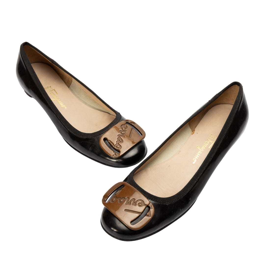 Salvatore Ferragamo Black Logo Plate Ballerina Shoes