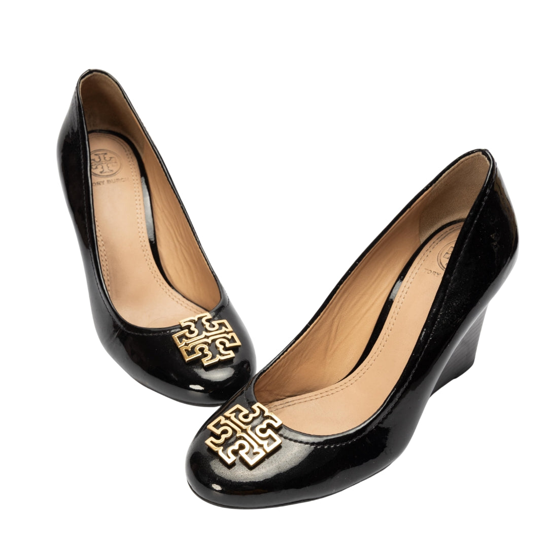 Tory Burch Black Leather Lowell Wedge Pumps