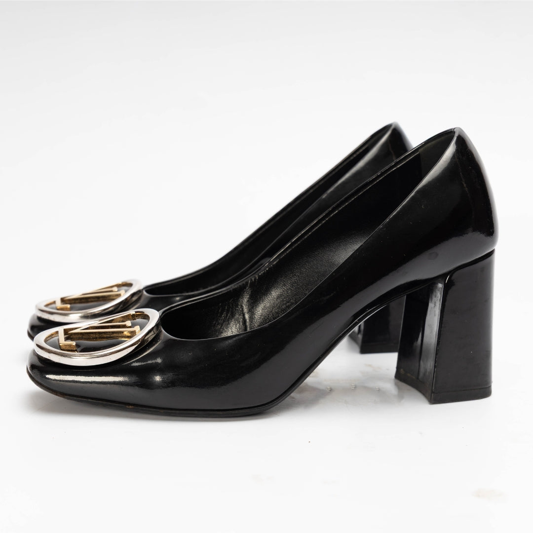 Louis Vuitton Black Madeleine Logo Block Heel Pumps