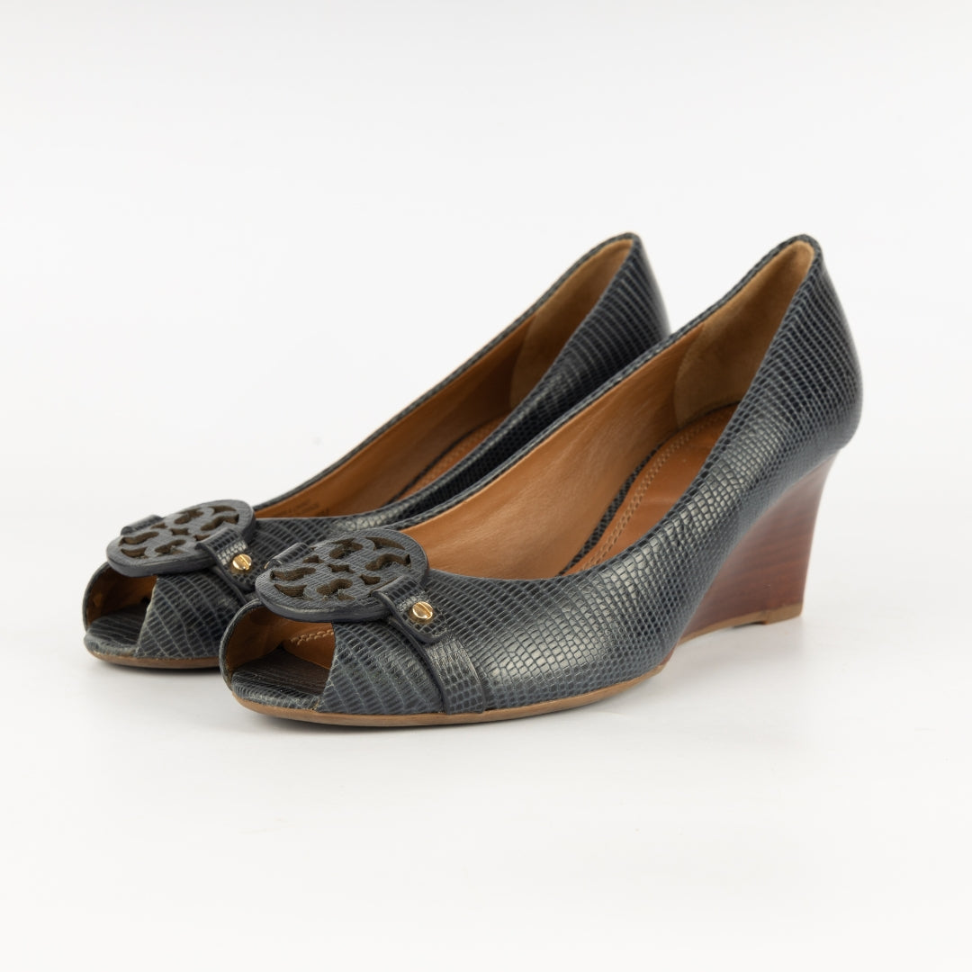 Tory Burch Navy Blue Lizard Embossed Leather Wedge Pumps