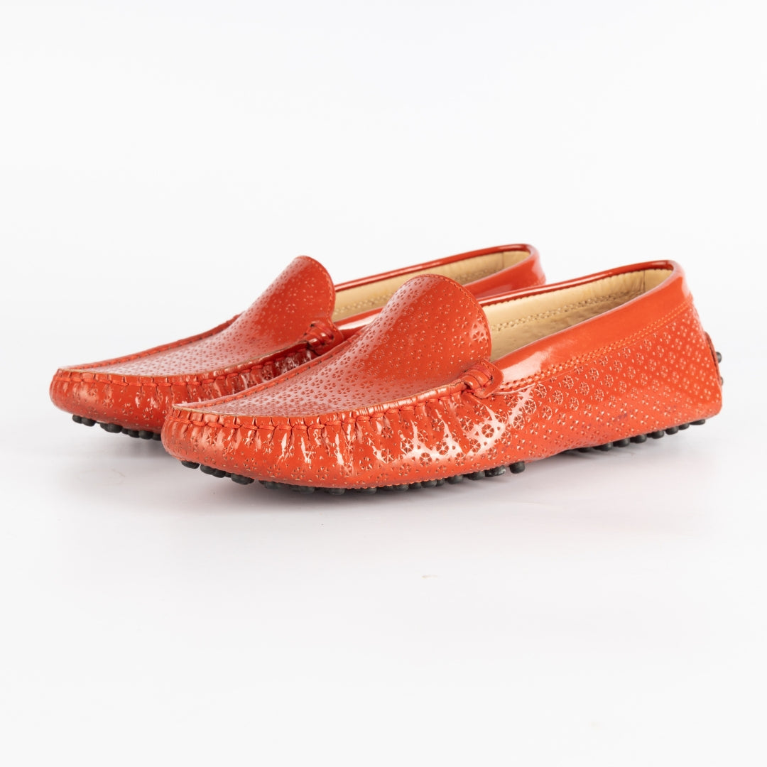 Tod's Red Laser cut Patent Leather Gommino Driving Loafers