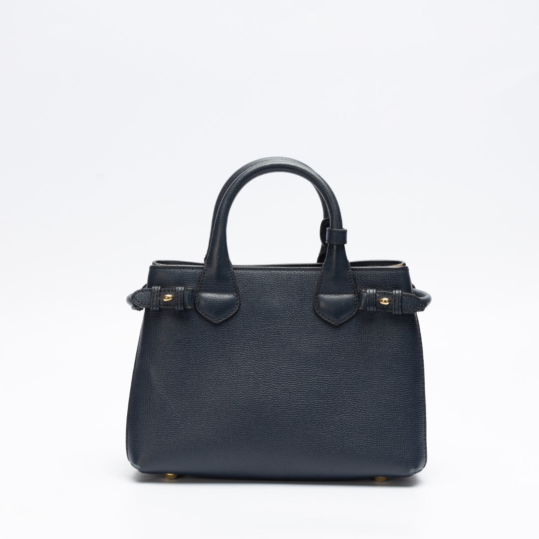 Burberry Navy Blue Leather and House Check Fabric Satchel