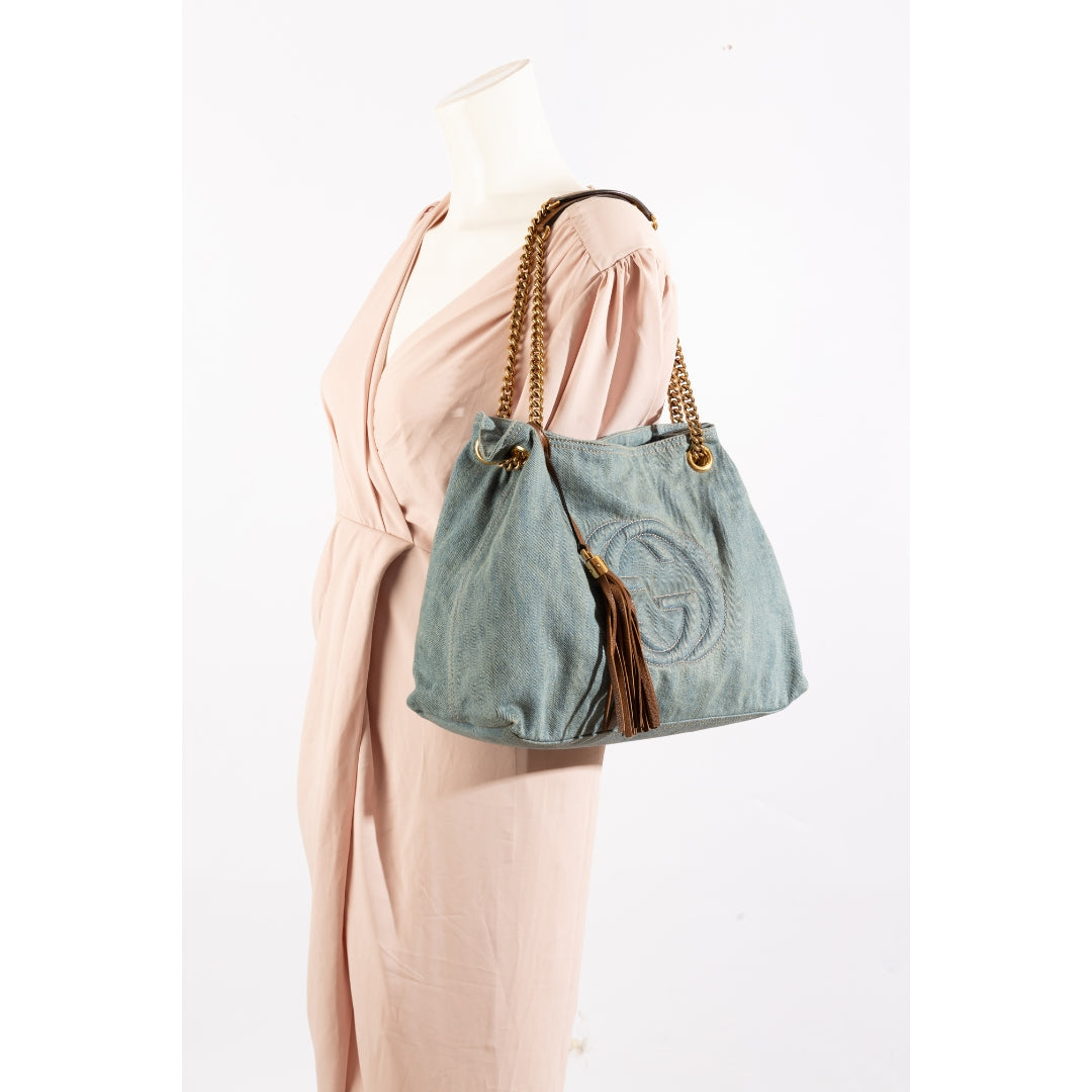 Gucci Blue Distressed Denim Soho Tote