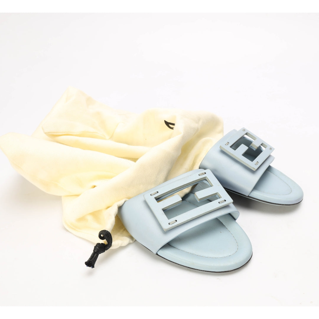 Fendi Baguette Light Blue Leather Slides