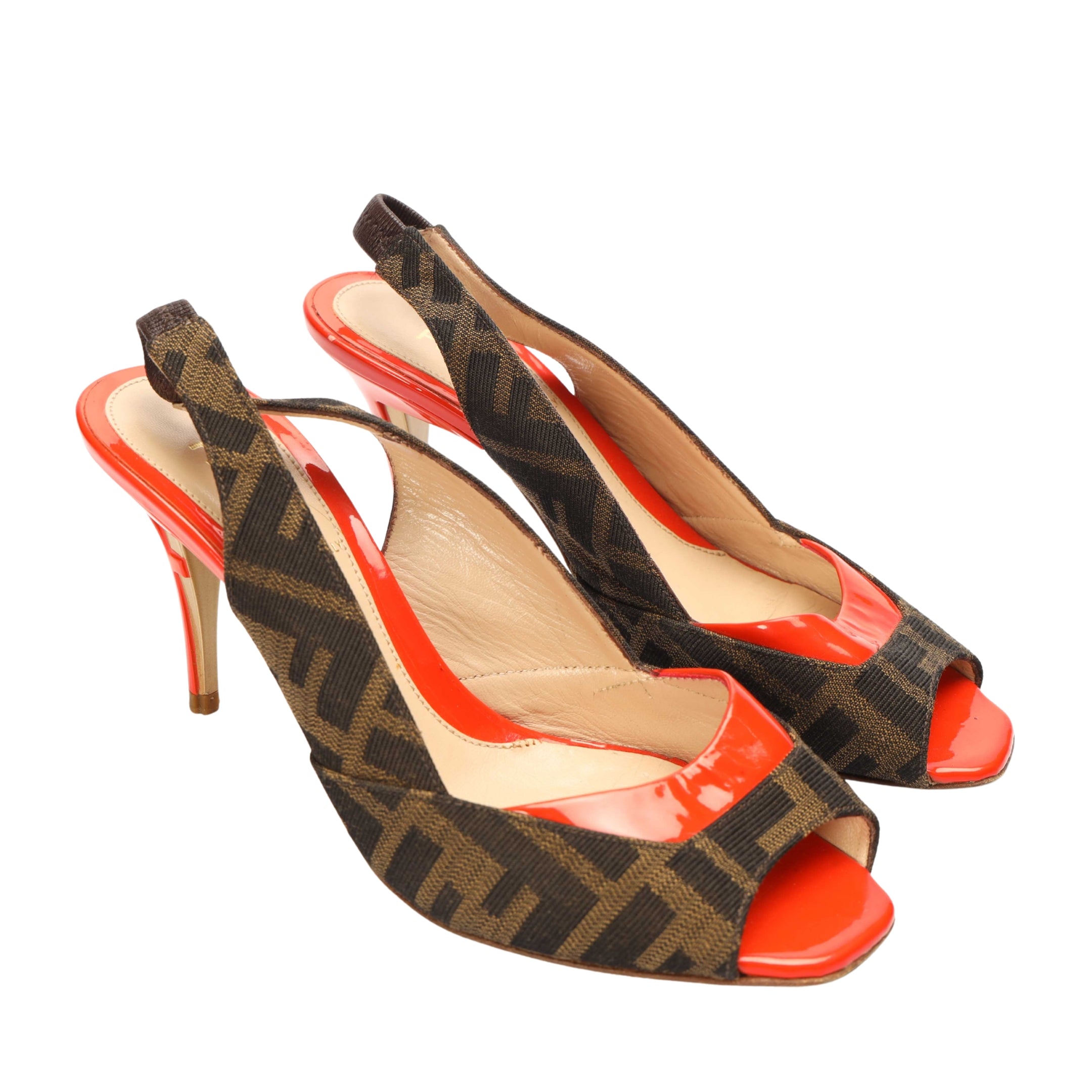 Fendi Brown/Orange Zucca Canvas Slingback Sandals